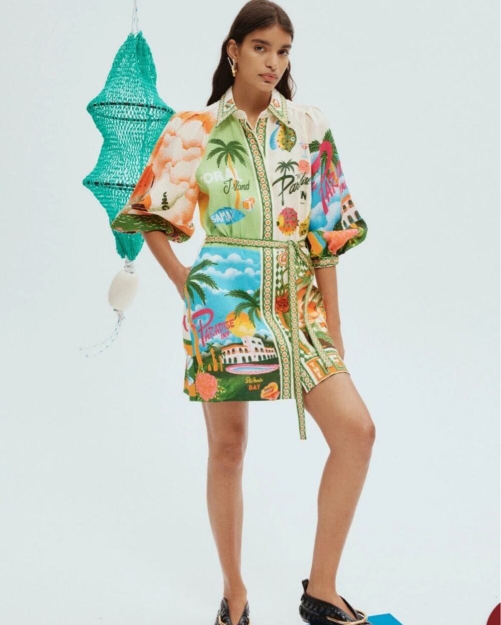ALÉMAIS x Alan Berry Rhys Paradiso Linen Mini Shirt Dress US 12